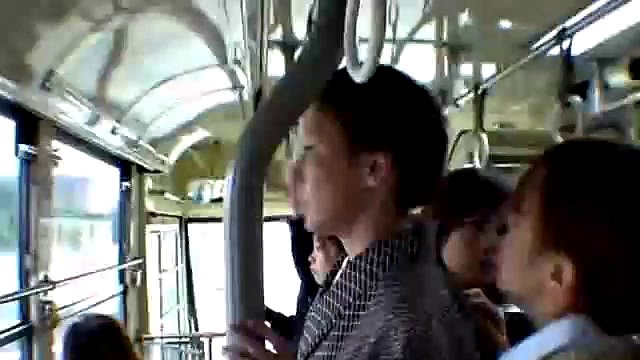 Girls grope mature milf in kimono in the bus