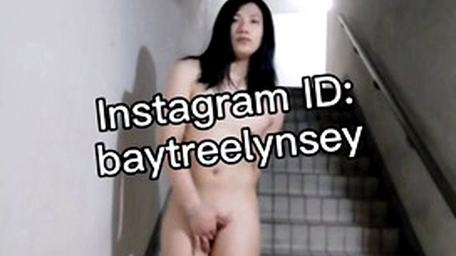 Naked tgirl on public staircase, flirtatious and rowdy courtship