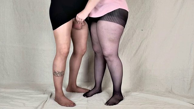 Curvy BBW in pantyhose jerks off cock in nylons. Will you cum playing with us?