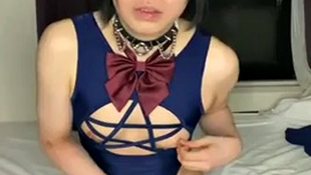 Japanese Cosplayer Dick Girl Solo Cumshot and Anal Play in Swimsuit