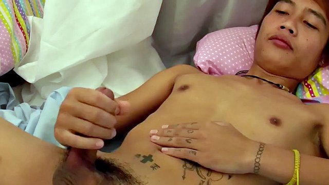 Real pissing asian twink wanks cock in solo action until he cums