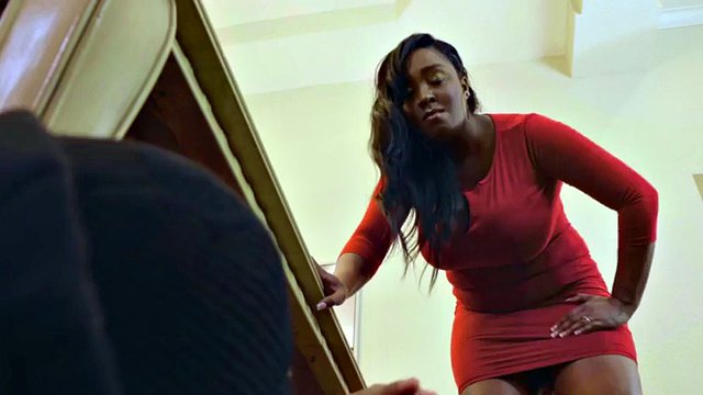 Chubby Ebony bouncing on lil guys shaft before bendover sex
