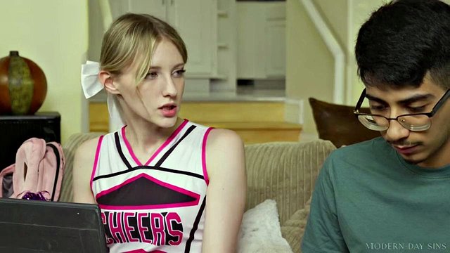 Blonde Virgin Cheerleader Melody Marks Gives Blowjob to Picked Stud