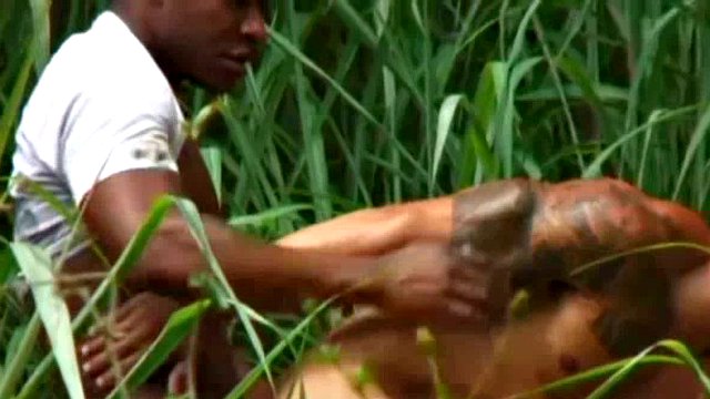 Another hunter and his prey found each other in the grass. Oswaldo Mello sees that Adrian Corres has a couple tanks full of black cum.