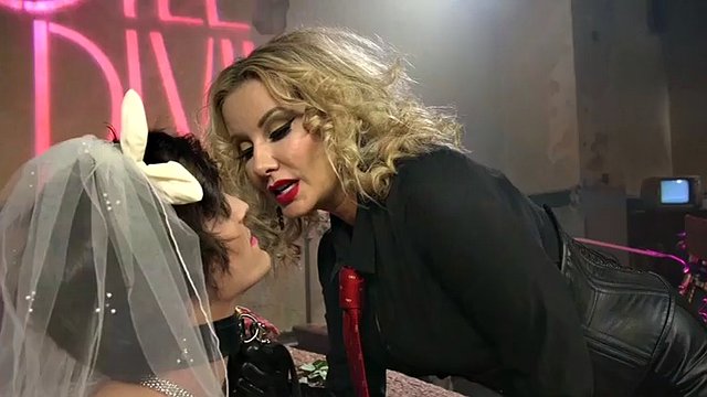 Femdom MILF in gloves pegging submissive bridal sissy threesome