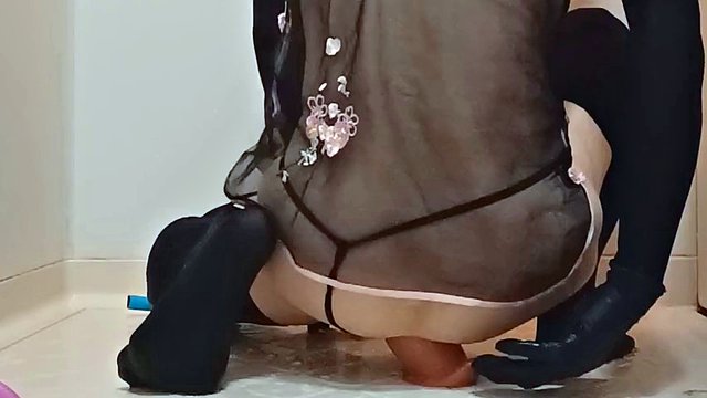 Sissy Kuroko in Chinese dress with huge dildo