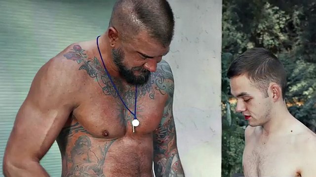 Petite twink barebacked outdoors by athletic tattooed man