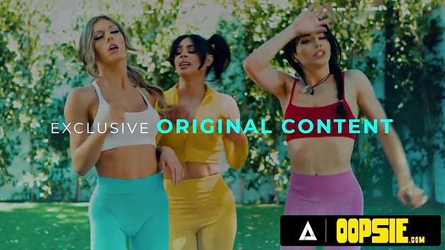 OOPSIE - Naughty shemales Ariel Demure and Erica Cherry take off Summer Hart's yoga pants to give her a double penetration