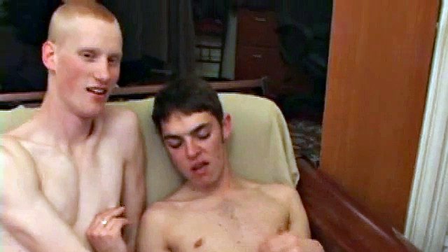 Richard, Skylerr and Kaos light up some porn and grab their crotches, before getting naked. After squirting the lube, the horny young guys fondle each other, then Kaos goes down on Skylerr's cock for a while.
