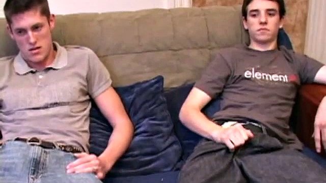 Mark Sterling and Mason Knight sit on the couch and work on their cocks until Mark goes down on his beaten buddy. In the blink of an eye, Mark cums with a monster load with Mason's cock in his mouth. Then Mason pumps a warm load onto his stomach.