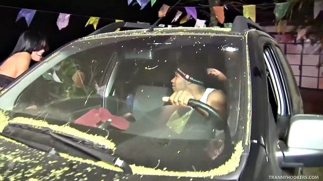Tranny prostitute gets her huge tits sprayed with cum