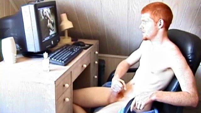 Sitting naked in front of a computer, Tristian lubricates his cock and starts masturbating, while watching some porn. After showing us his cute little ass and stroking himself to the brim, Tristian shoots his hot sticky cum on the computer screen..