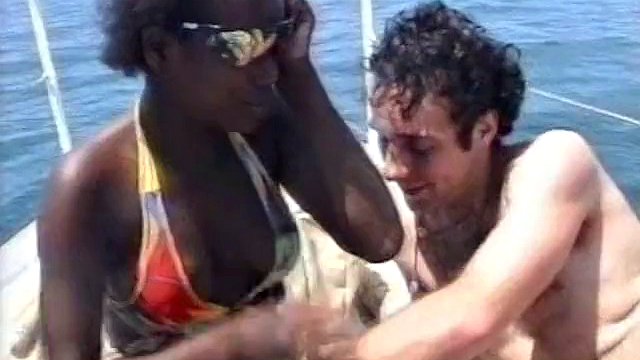 Sexy French ebony gets her tits sprayed on the beach