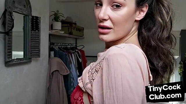 CFNM British babe teasing small cock and begging for cumshot