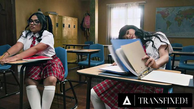 TRANSFIXED - Two Naughty Students In Detention Get Punished Well By Her Hot Trans Teacher TS Foxxy