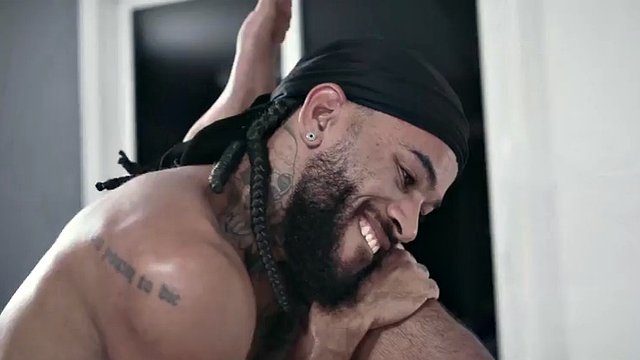 Muscled ebony gay barebacked by his man