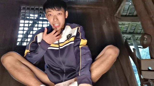 cum boy Masturbation china Asia forest wooden house outdoor