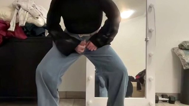 Wide leg flared palazzo jeans sissy in black jacket masturbating and waiting for mistress to suck cock and BDSM