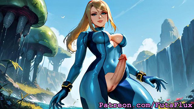 Futanari Samus Aran from Metroid Masturbating