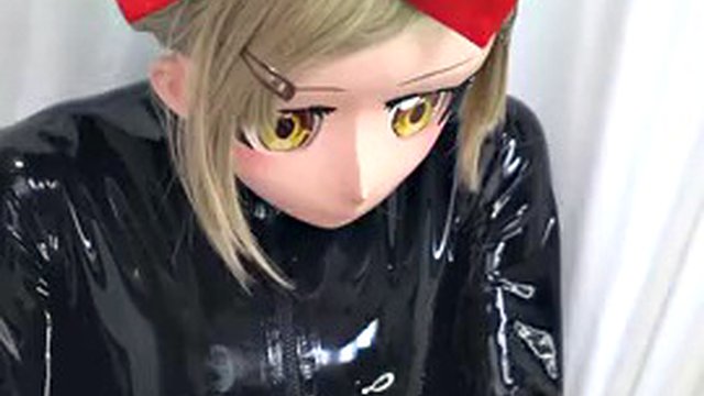 Rubber kigurumi jerk off (mask off and finish)