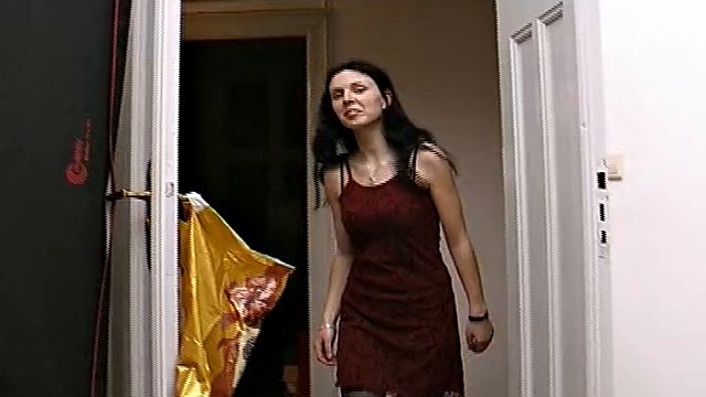 Stunning German babe in stockings enjoys a dildo in her hairy pussy