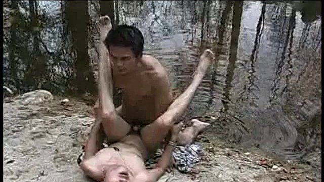 Skinny Asian rimmed and fucked from behind outdoors