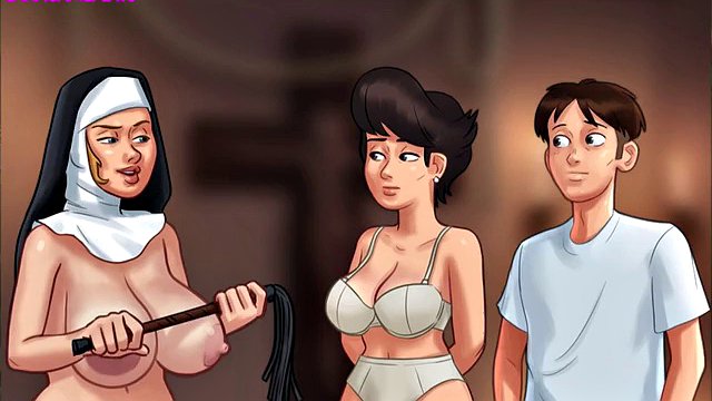 Summertime Saga - Milf tetona con enormes tetas naturales follada duro por una milf con curvas con dos enormes tetas
