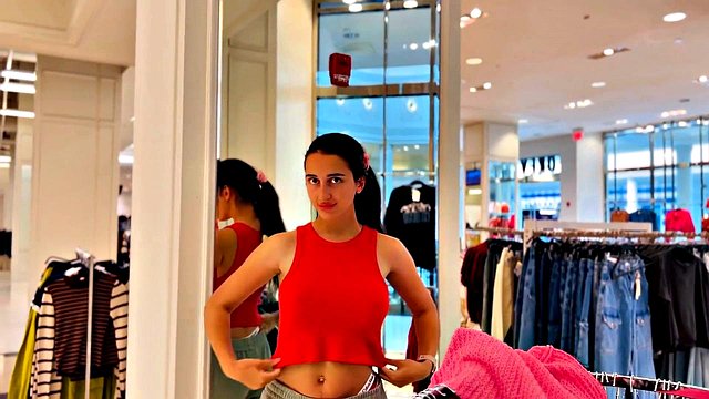 Busty Brunette Flashes in Store