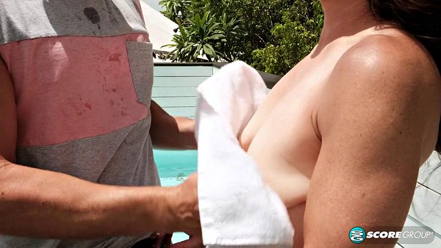 Nicky Rebel Gives Pool Boy Nicky Rebel a Cumshot Blowjob Outdoors
